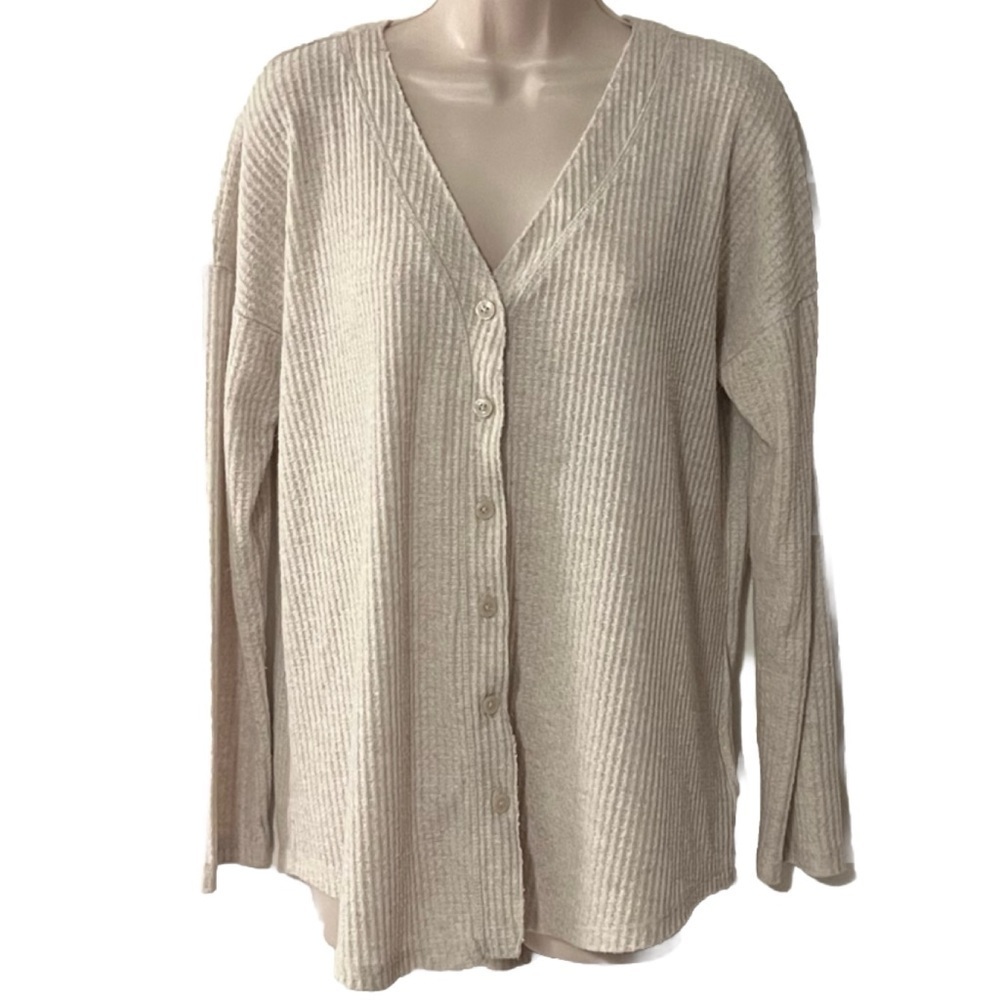 Isaac Mizrahi Cream Knit Button Down Cardigan Sweater Large Stretchy Long Sleeve